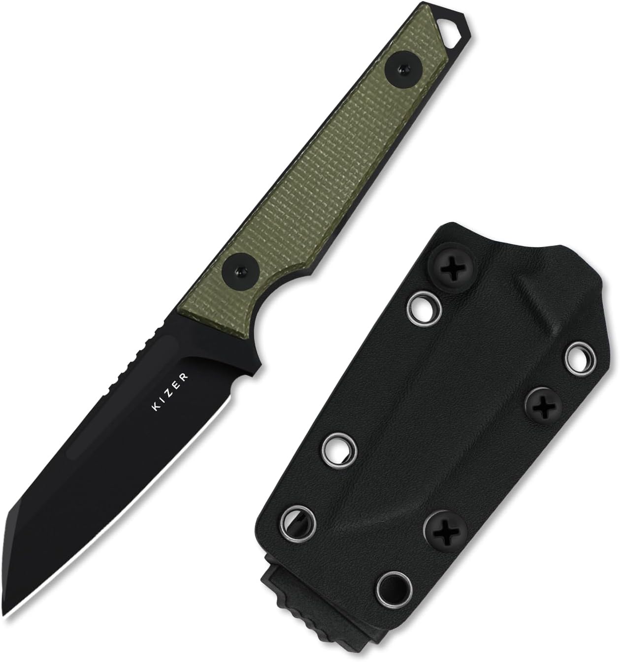 Kizer Phasmids Fixed Blade Knife with Sheath, 2.78" D2 Steel Full Tang Camping Knife with Green Micarta Handle, EDC Knives for Hiking 1079M1
