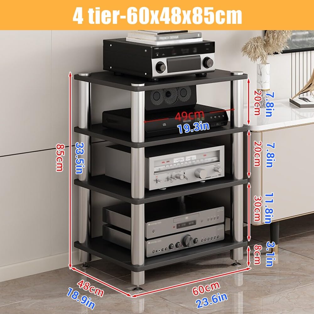 Generico Stereo HiFi Rack, Supporto Multimediale AV A 3/4 Livelli, Rack E Supporti Stereo, Armadio Per Componenti Video, Mobiletto Portaoggetti Per Giradischi(Black,4 tier-60x48x85cm)