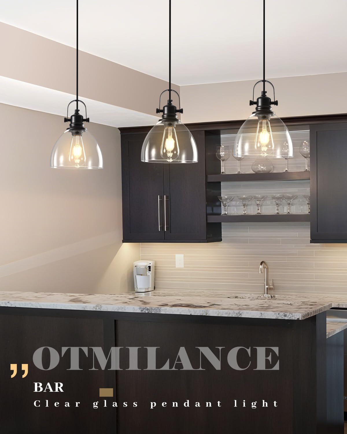 Black Pendant Lights Kitchen Island, 7.5'' Modern Glass Pendant Light 2 Pack, Farmhouse Pendant Lights with Clear Glass Shades, Hanging Island Pendant Lights for Kitchen, Bedroom, Bathroom