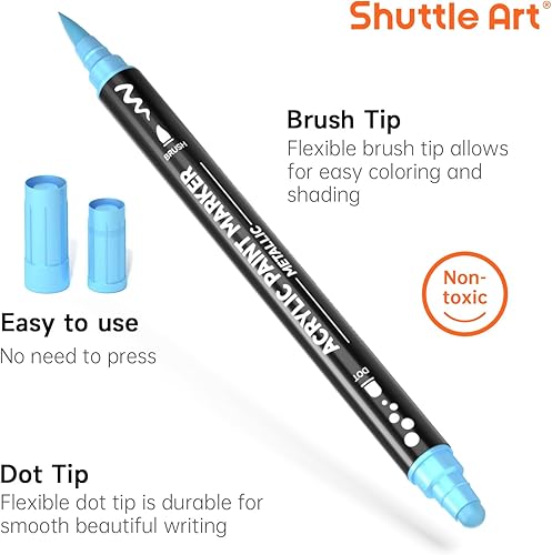 Miniatura 42 de 28 marcadores de pintura acrílica metálica de doble punta, con punta de pincel y punta fina, para pintar roca, cerámica, madera, lienzo, plástico