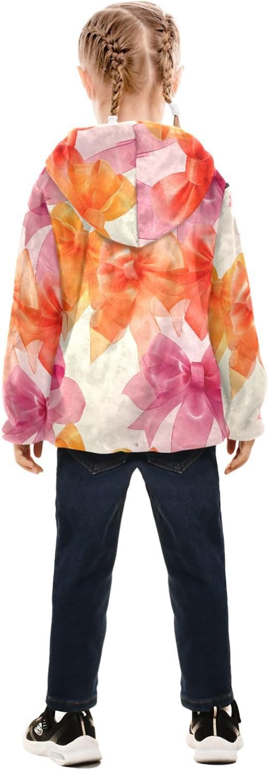 Girls Hoodie Outfit Red Pink Orange Bow Pattern Zipper Sweatshirt Coat Fleece Jacket for Kids 3-10T