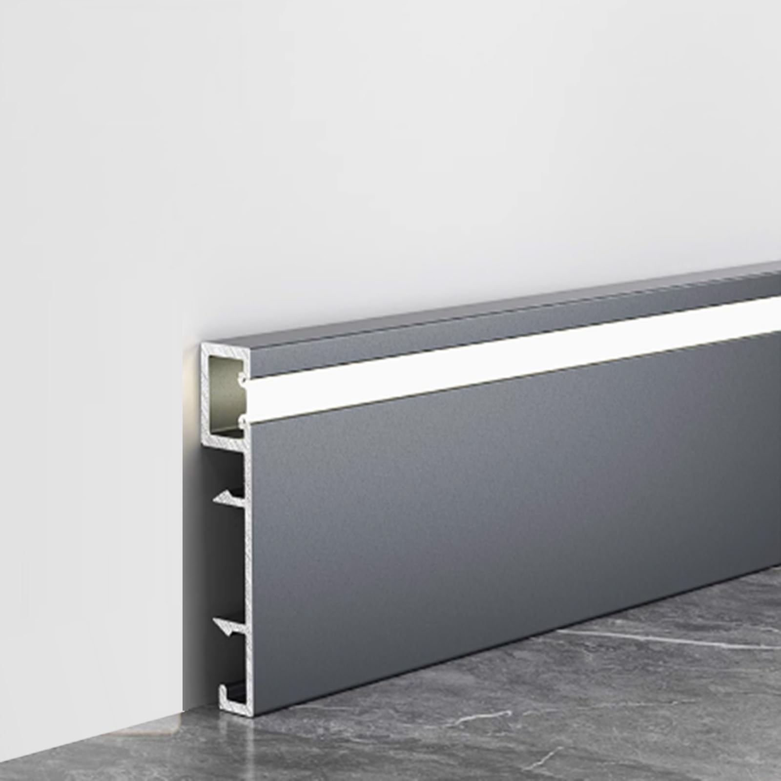 Aluminiowa listwa przypodłogowa LED, kanał do montażu na ścianie z ukrytym oświetleniem, pyłoszczelna metalowa osłona nastrojowego oświetlenia (dł. 240 cm/94,4 cala)(L230cm/90.5in)