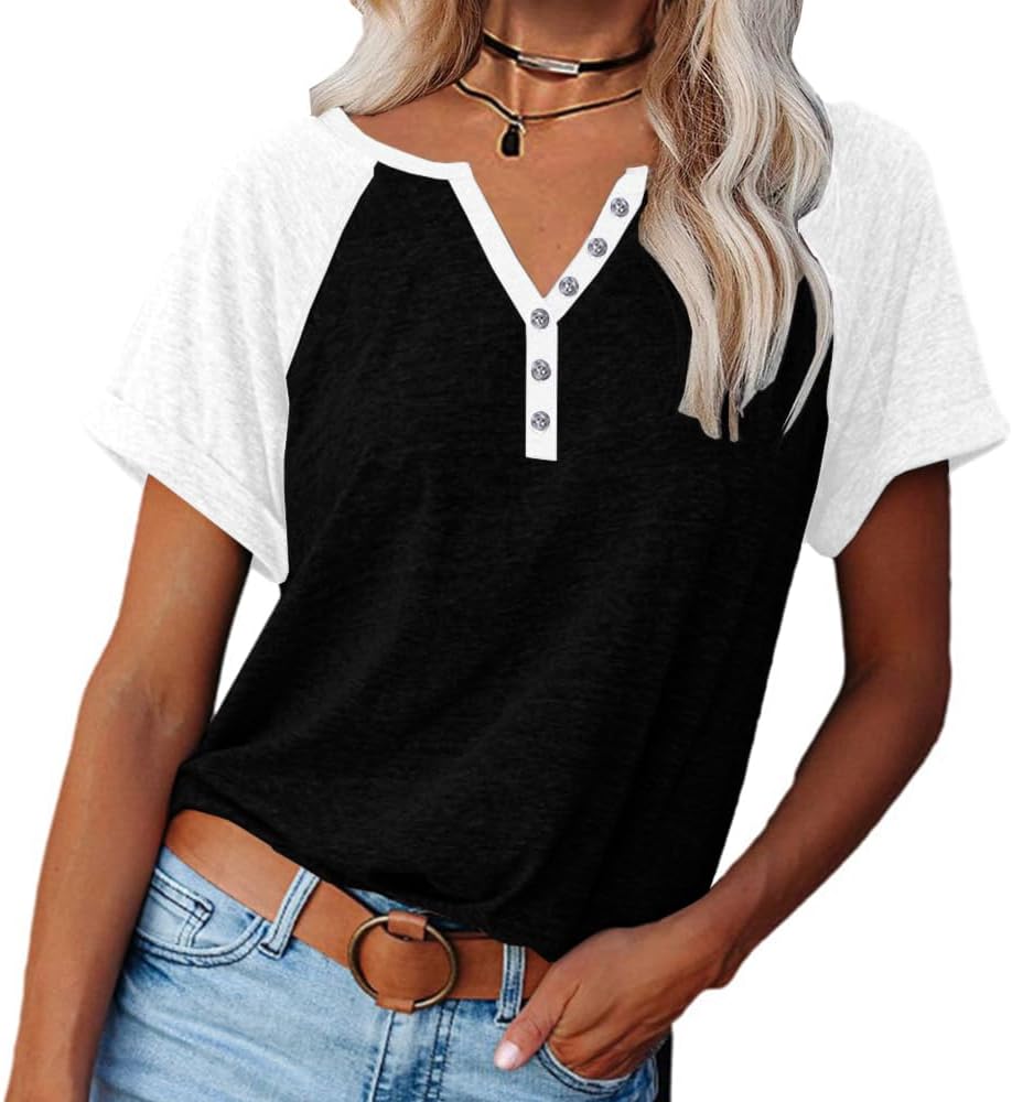 Womens Shirts Summer Henley V Neck Color Block Tshirts Raglan Short Sleeve Casaul Trendy Tops