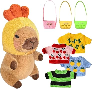 Capybara Plush with 10PCS Clothes&Accessories, 25cm Capybara Stuffed Animal, Cute CapybaraTeddy, Capybaras Plush Soft Toy, Dress Up Capybaras Stuffed Animal PlushToys Gift for Kids Boy Girl A