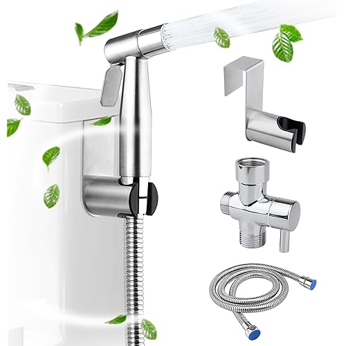 Handheld Bidet Sprayer Set for Toilet, Stainless Steel Hand Jet Sprayer with Anti-Leaking Hose & T-Adapter, Support Wall or Toilet Mount for Cloth Diaper Cleaning/Baby or Pets Shower