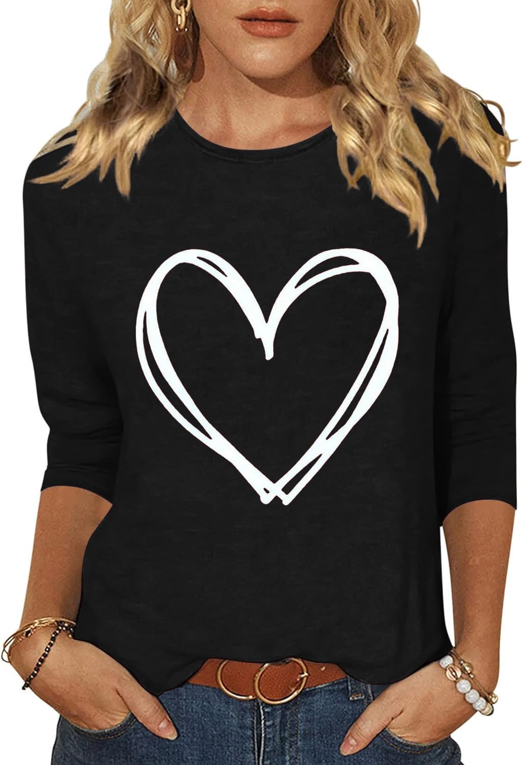 Womens 3/4 Sleeve Crew Neck T-Shirts Valentina's Day Spring Shirts Love Heart Printed Graphic Tees