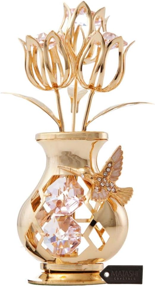 Matashi Tulips in a Vase Tabletop Ornament Dipped in 24K Gold with Genuine Crystals – Stunning Home Décor & Ideal Christmas, Valentine’s Day & Mother’s Day Gift for Women, Mom (Hummingbird, Pink)