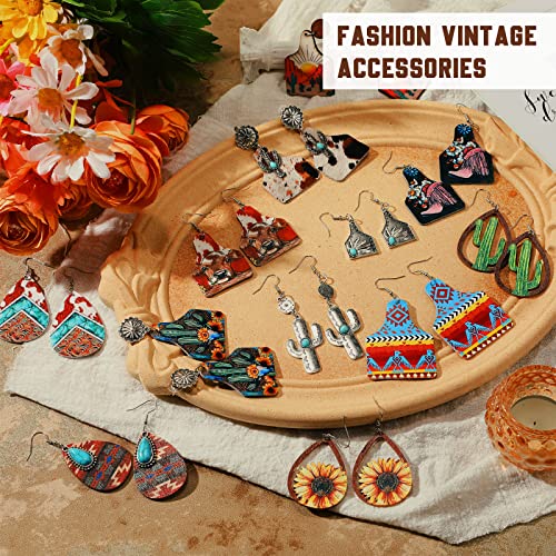 20 Pairs Western Earrings Jewelry for Women Cowgirl Cowboy Boho Vintage Handmade Cow Print Leather Wood Turquoise Teardrop Dangle Earrings Bulk Bohemian3