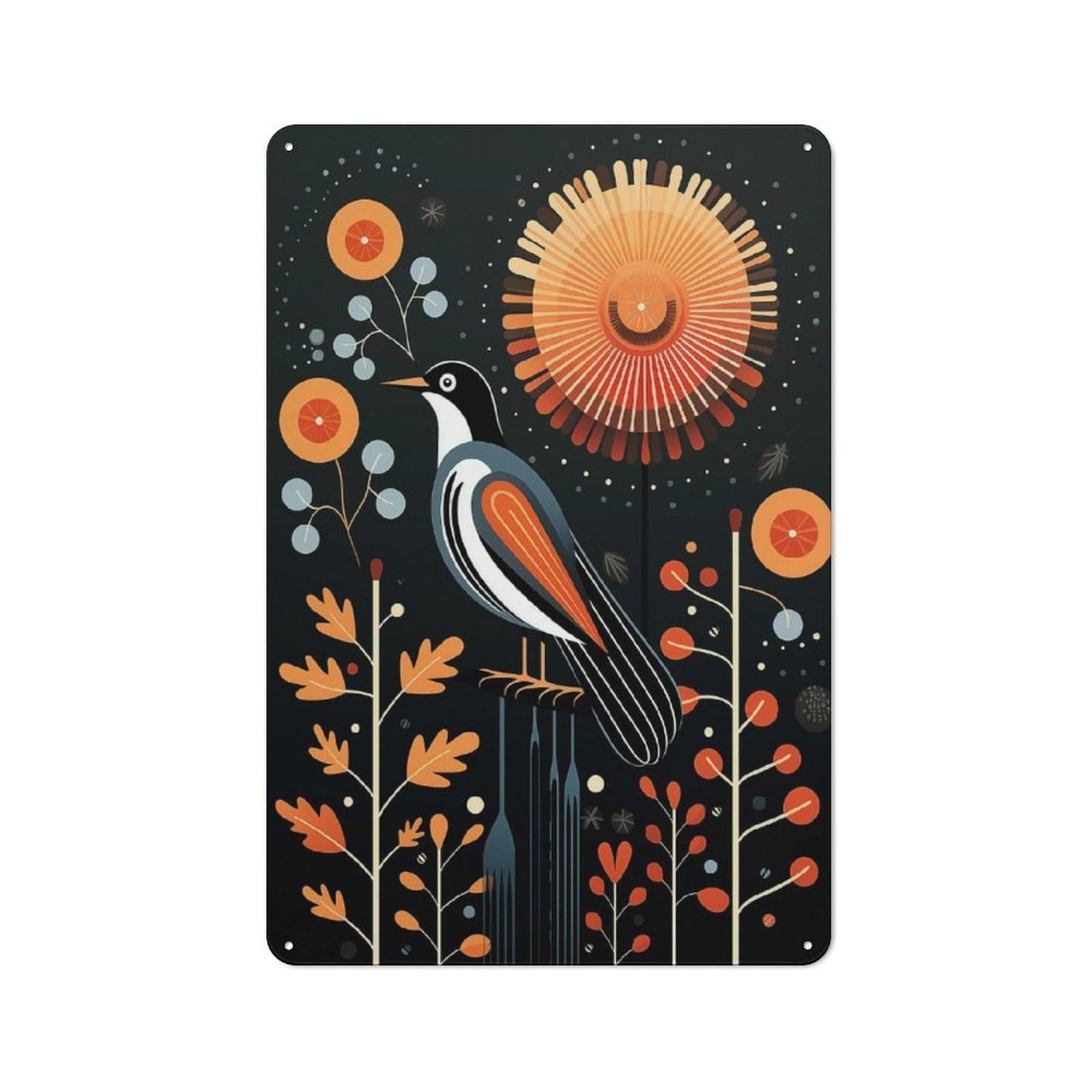 Junmoney Stylized Bird Dark Floral Tin Wall Plaque 30X20cm, Rustic Farmhouse Wall Decor For Dining Room, Cafe, Entryway Or Family Room