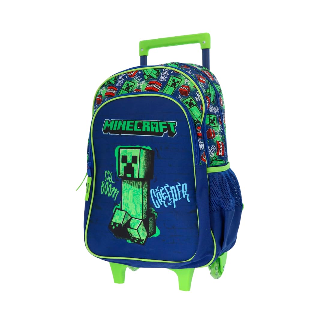 mybagstory | Zaino con ruote Minecraft | 2 scomparti | Verde | Borsa scuola Creeper Boom 48 cm con tasche laterali in rete e robusto sistema trolley ideale per la scuola elementare.