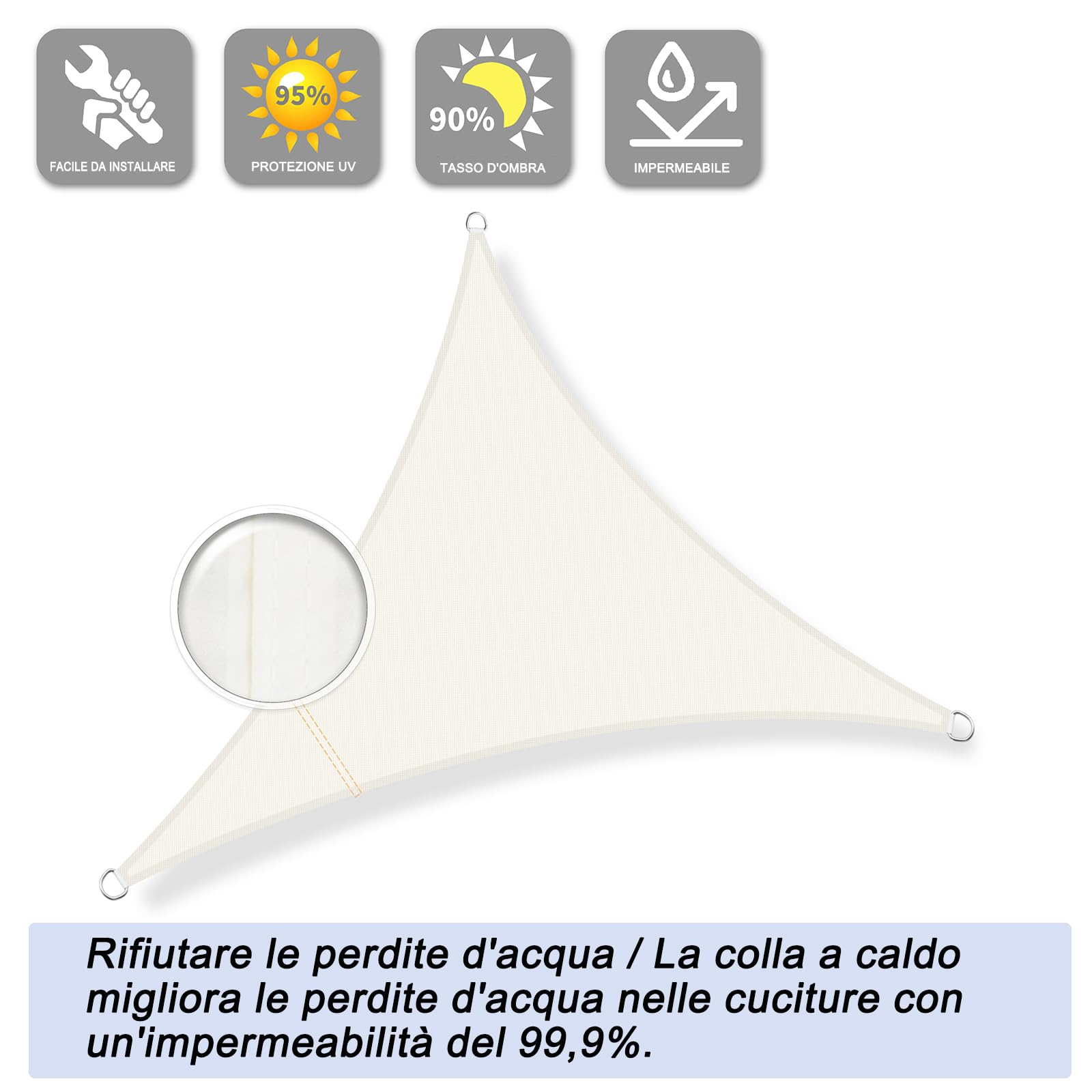 Sunnylaxx 3x3x3m Crema Tenda a Vela Triangolare Ombreggiante Impermeabile UV per Esterno Giardino