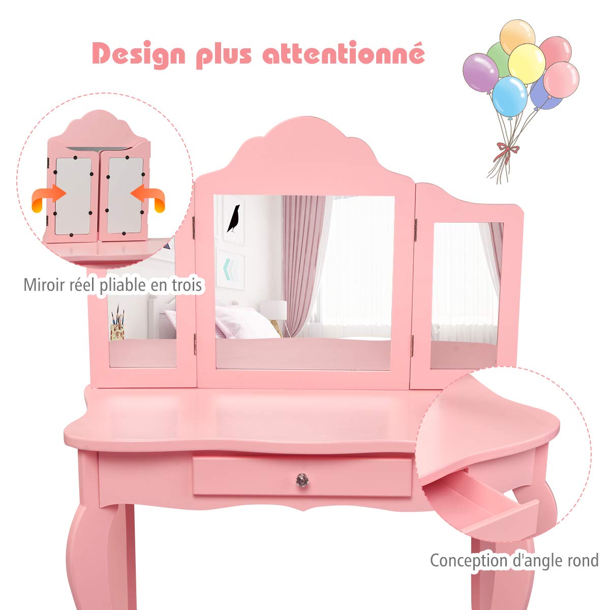 Bureau Enfant Miroir Amovible Coiffeuse 2 En 1 COSTWAY Pour Enfants - Bureau Et Table De Maquillage Coiffeuse Tiroirs Rangement