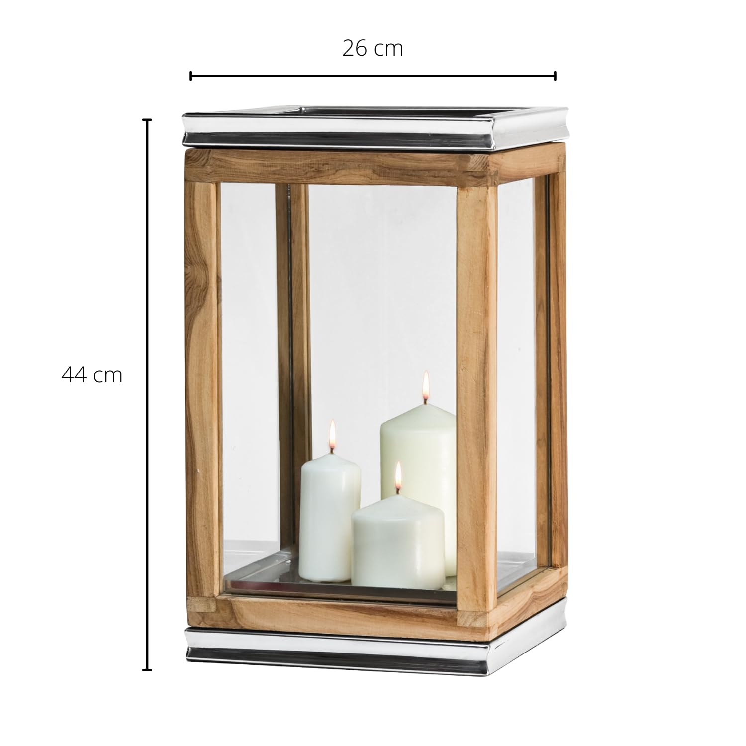 Lanterne EDZARD Dubai, Teck, Acier Inoxydable nickelé, Hauteur 44 cm, Base 26 x 26 cm, Poids 4,7 kg - Lanterne de Jardin Haut de Gamme en Bois, photophore, décoration de Jardin