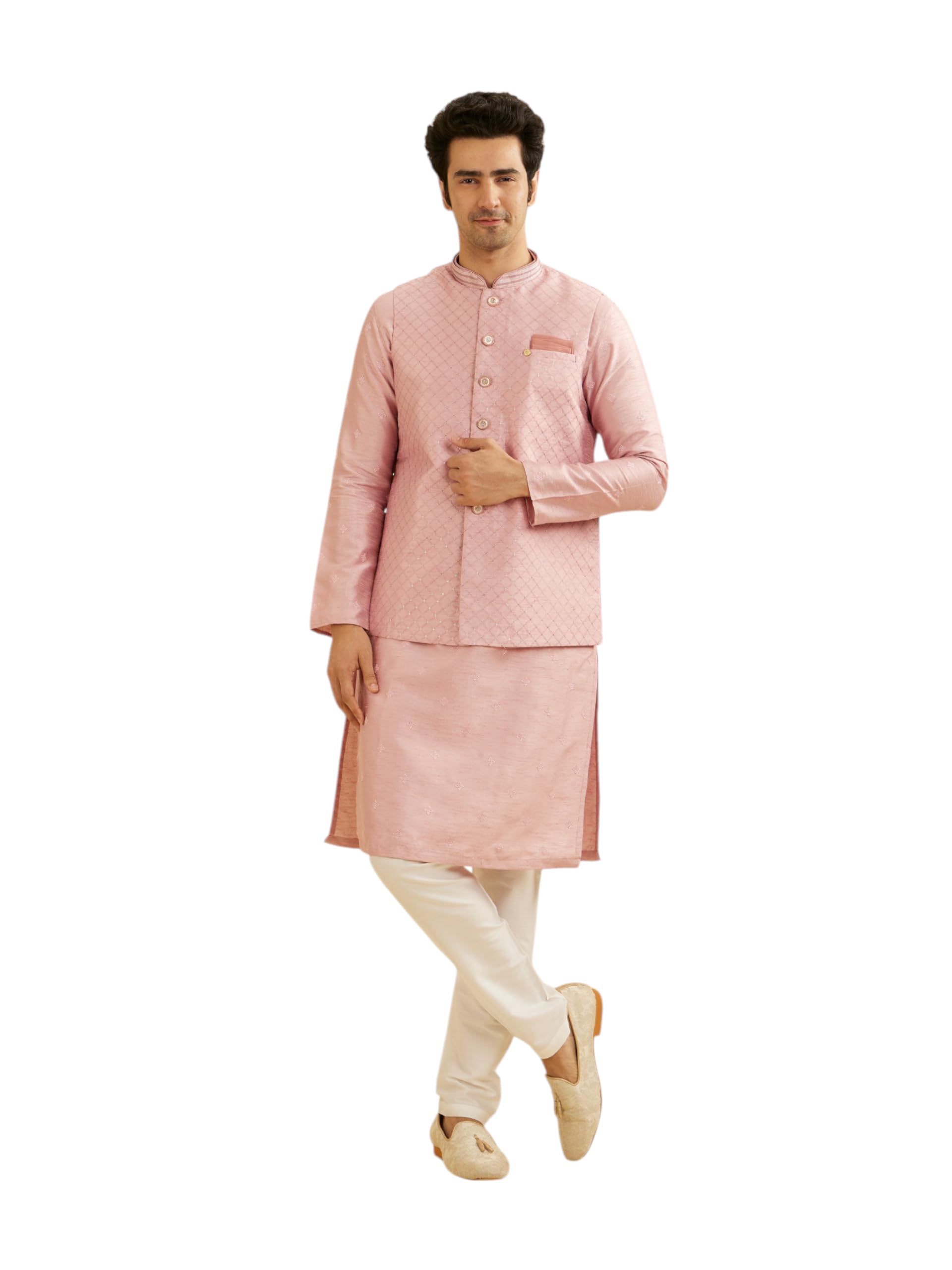 manyavar Men's Art Silk Sequined Kurta Jacket Pyjama Set (3pcs)-picture-17