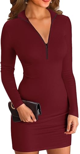ELFIN Damen Bodycon Kleid Gerippt Langarm Minikleid Reissverschluss Stehkragen Kurz Sport Kleider Herbst Freizeitkleider