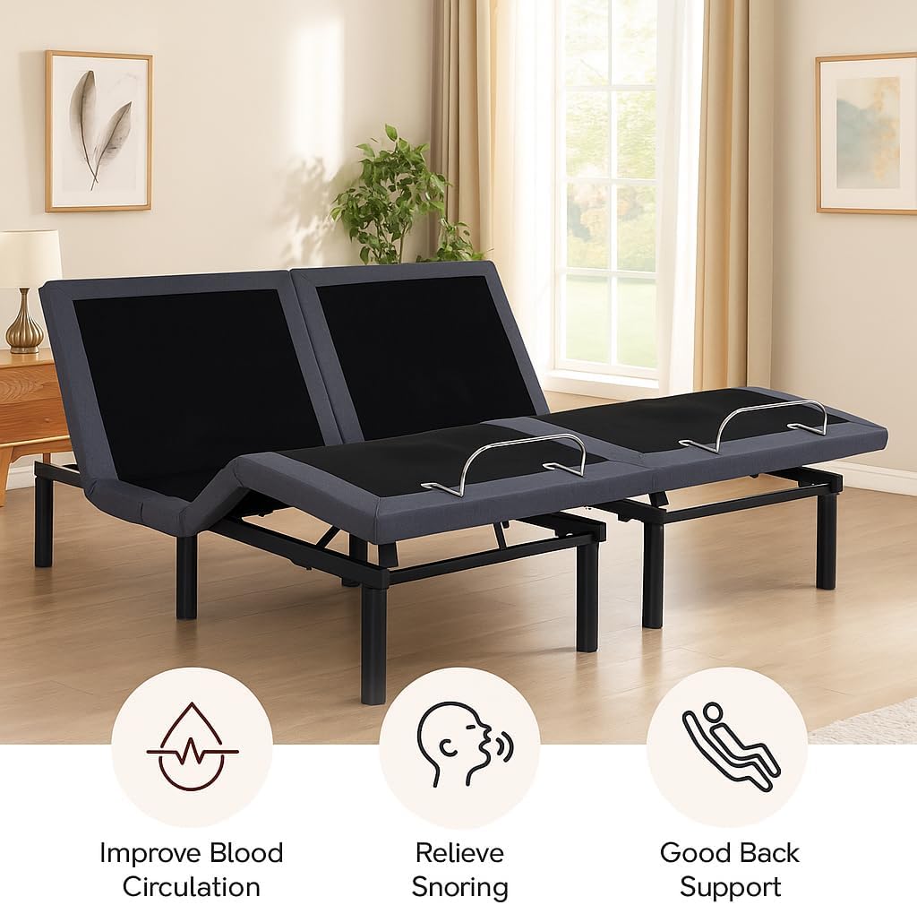 Naomi Home Idealbase Split King Adjustable Bed Base with Massage, USB Ports, Under-Bed Light, Wireless Remote, 800 Lb Capacity, Gray Metal Frame, Easy Setup for Couples’ Personalized Comfort