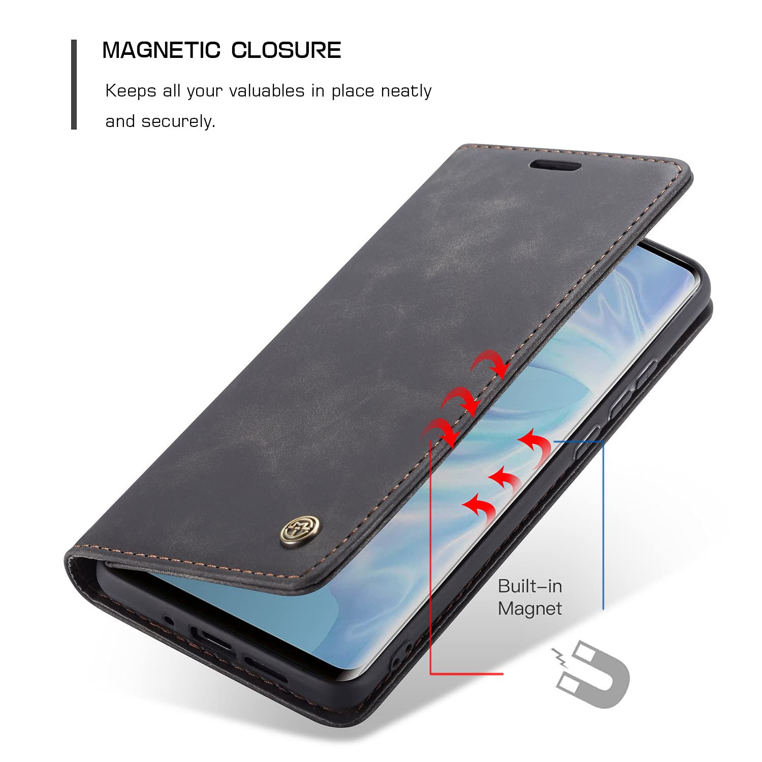 Custodia per Huawei P30, con pellicola protettiva in vetro temperato, funzione leggio, scomparto per carte di credito, in pelle di alta qualità, P30, resistente agli urti, P30, 6,1 pollici