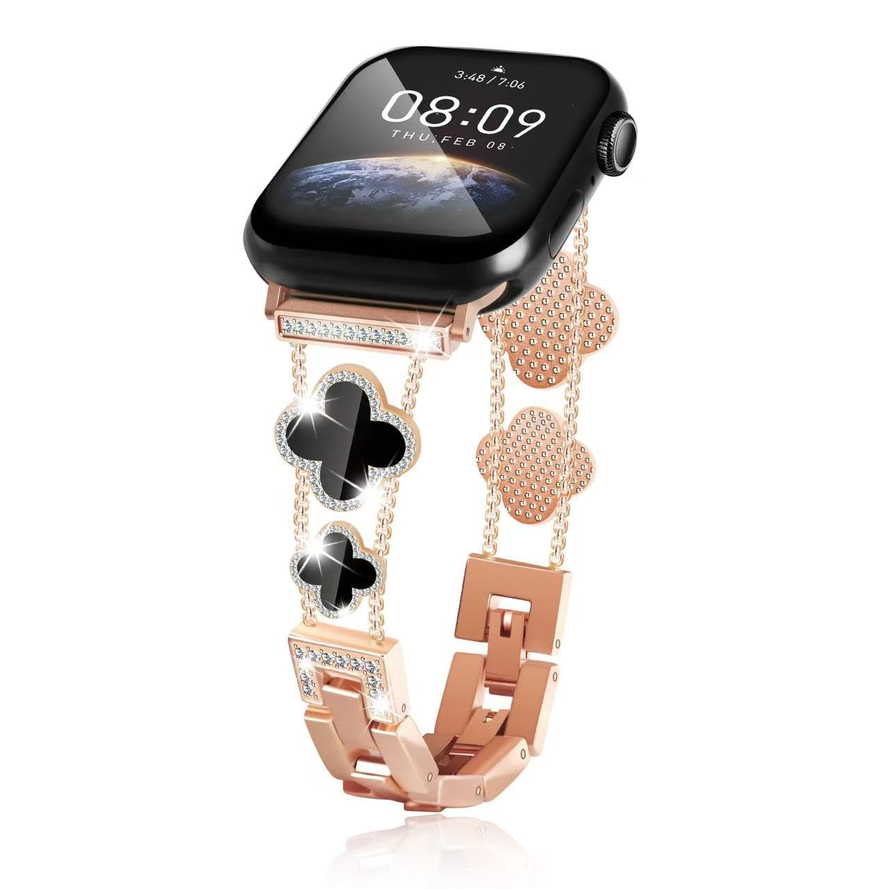 Bling Diamond Lucky Flower Metal Band for Apple Watch Band 38mm 40mm 41mm 42mm 44mm 45mm 49mm Women, Luxury Trendy Cute Jewelry Bracelets for iWatch Series Ultra/SE/9/8/7/6/5/4/3/2/1