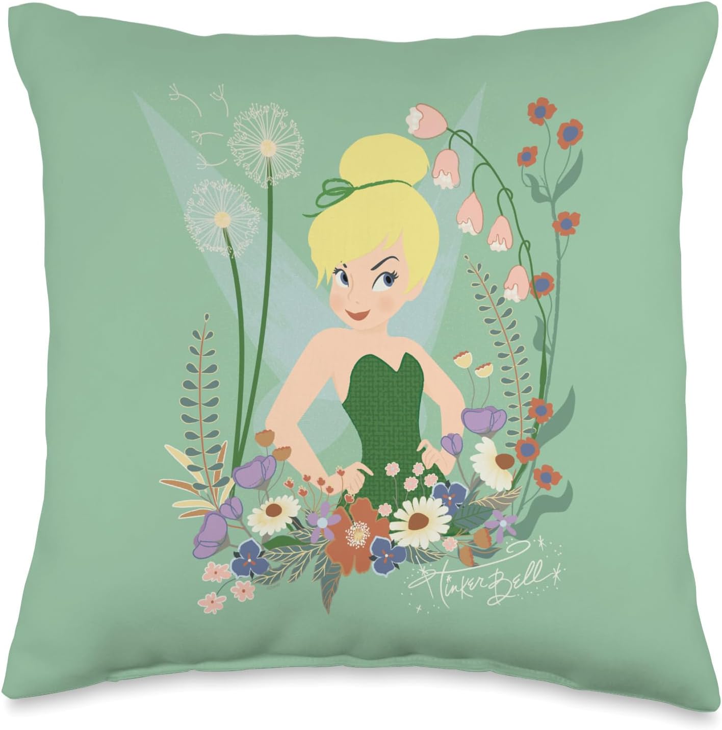 Disney Tinker Bell Peter Pan Fairy and Flowers Throw Pillow