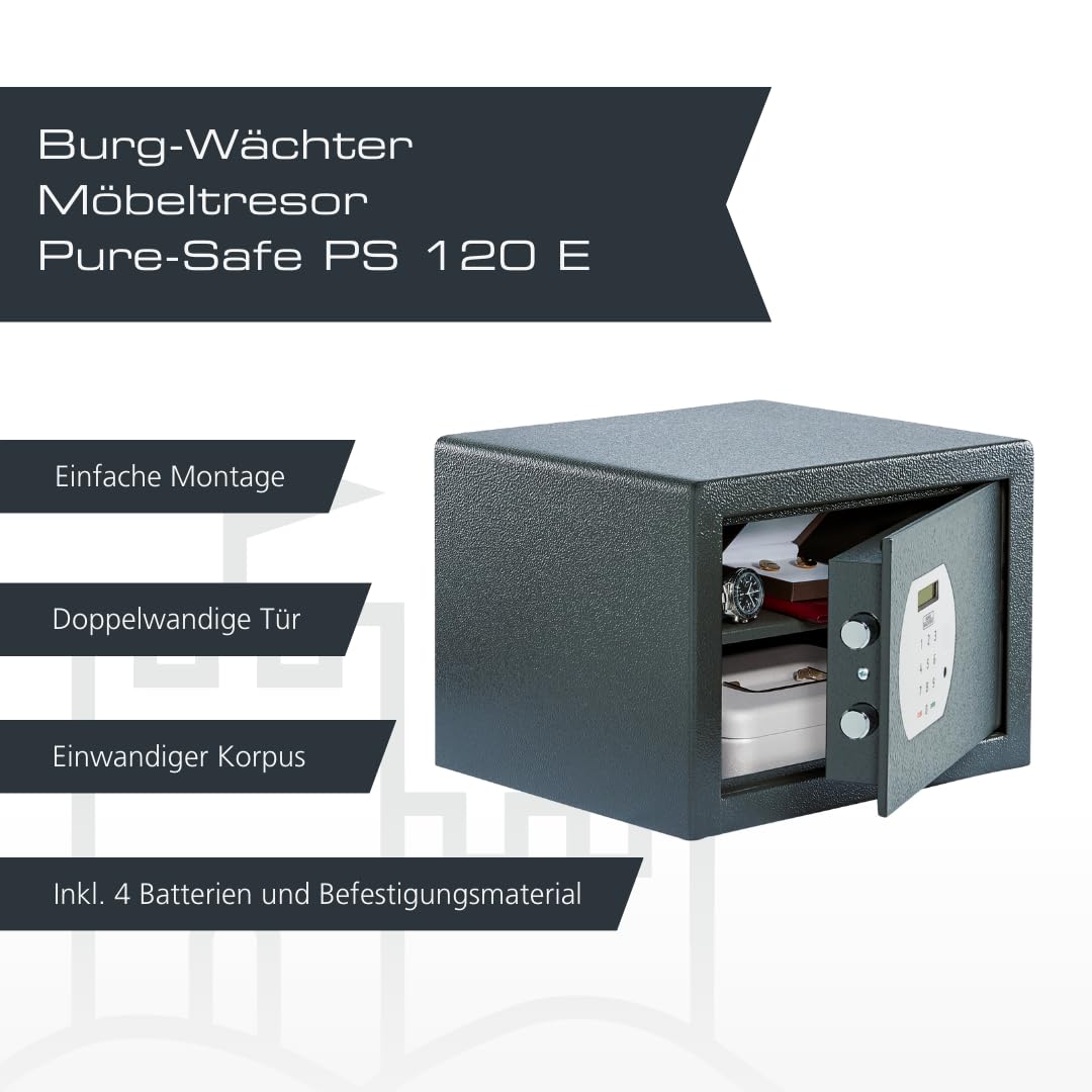 BURG-WÄCHTER Möbeltresor mit elektronischem Zahlenschloss, Inkl. Fachboden, Zur Wand- und Bodenbefestigung, 20,6 l, 12,8 kg, Pure-Safe PS 120 E, anthrazit