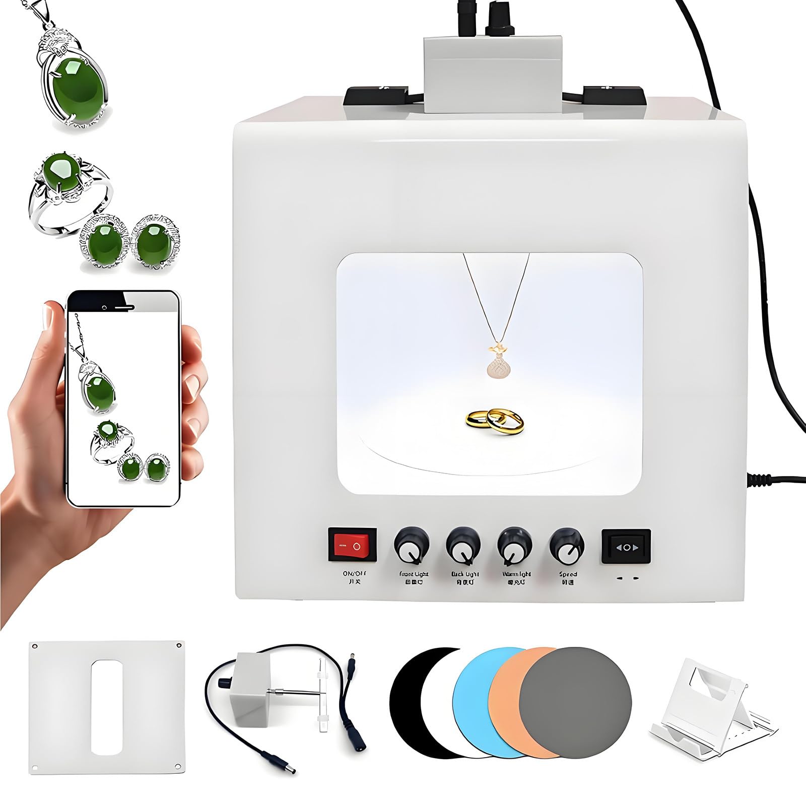 Studia Fotograficzne Light Box,Ściemniany Namiot do Fotografii Biżuterii Softbox,Zestaw Light Box do Złotej i Srebrnej Biżuterii z Elektrycznym Stojakiem 360 do Biżuterii,Małych Przedmiotów TB200