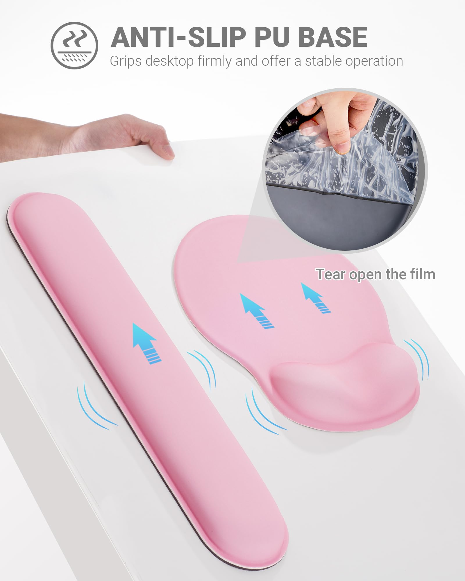 Laborio Set di tappetini per mouse ergonomici con supporto per il polso, in memory foam, per alleviare il dolore al polso, base antiscivolo (set rosa)