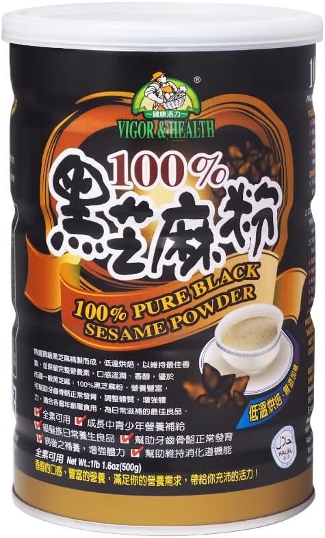Vigor & Health 100% Pure Black Sesame Powder (Low Temp Roasted), No Sugar, Halal (500g/17.6oz/tin)