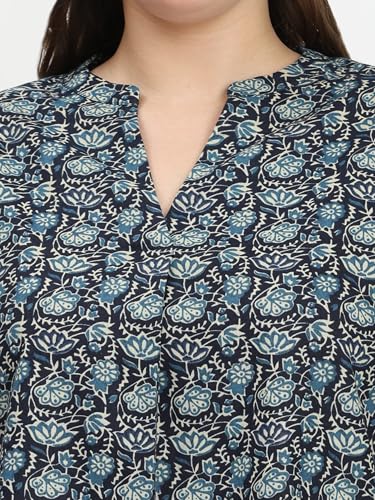 Image of SINDOORI Relaxed Fit Tops for Women Plus Size Solid Printed Mandarin Collar, Band Collar, V-Neck Top, Half Sleeve Loose Fit