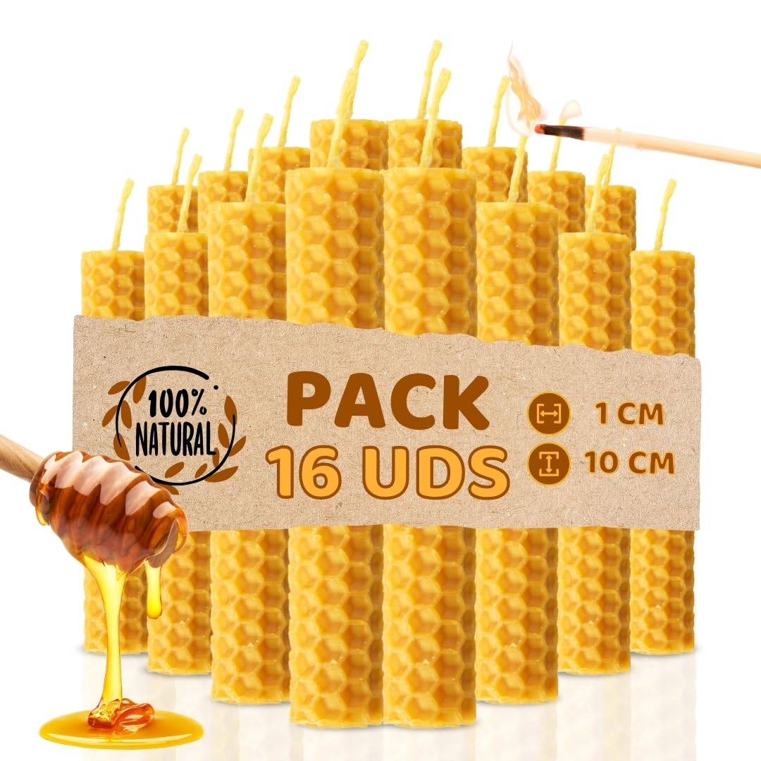 Bee Honey Candles for Rituals 100% Natural Spanish Pure Wax - Handmade - Origin Spain - Paraffin Free (Pack of 16, 10cm x 1cm)