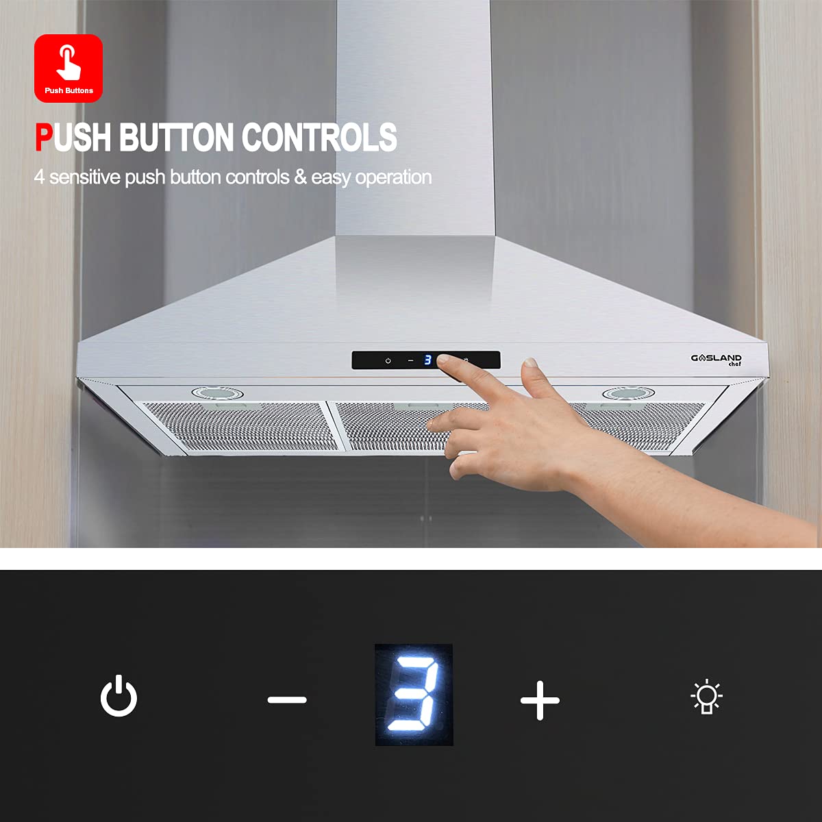 36" Range Hood, GASLAND Chef PR36SS Wall Mount Kitchen Hood with LED Light, 350CFM Ducted Stove