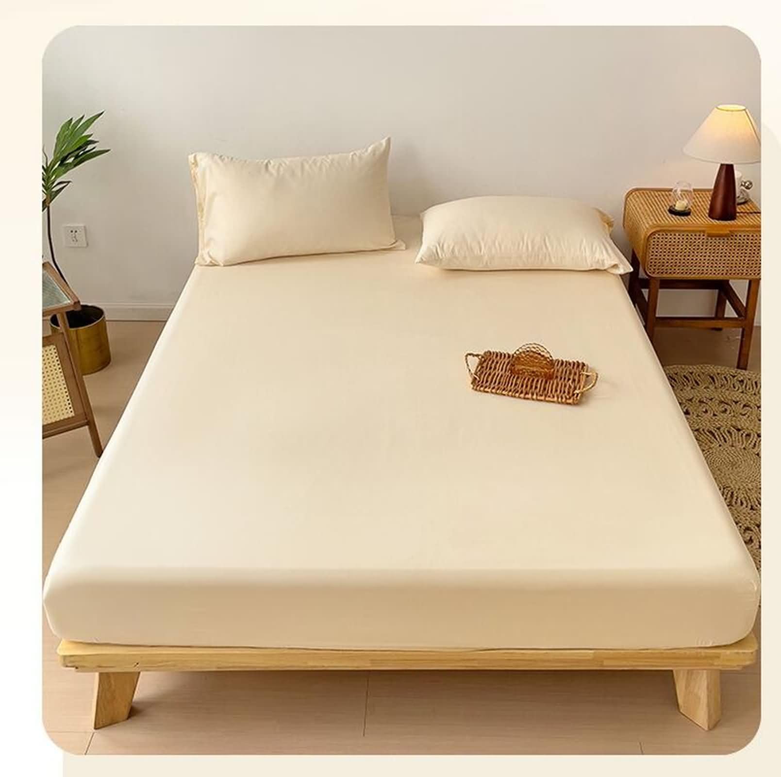 Drap Housse avec Élastique Fibre de Bambou Lit Double, Couleur Unie, 150 x 200 CM, Beige