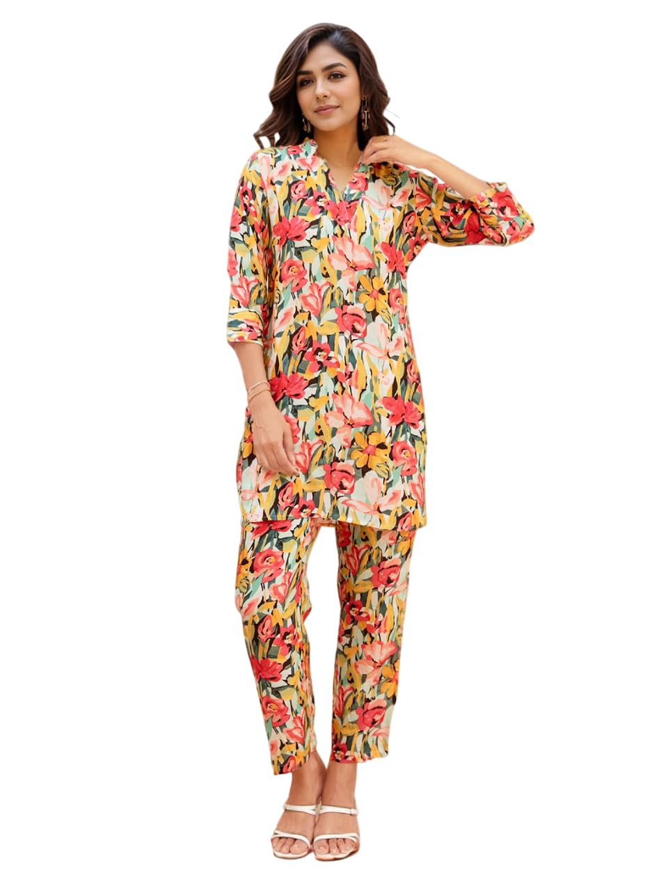 Women's Floral Rayon Blend Co-ord Set | Straight V-Neck 3/4 Sleeve Top & Pant | Elegant Blue, Multicolor, Turquoise Style | Ideal for Casual, Brunch, Evening Outings | Ladies Matching Outfit