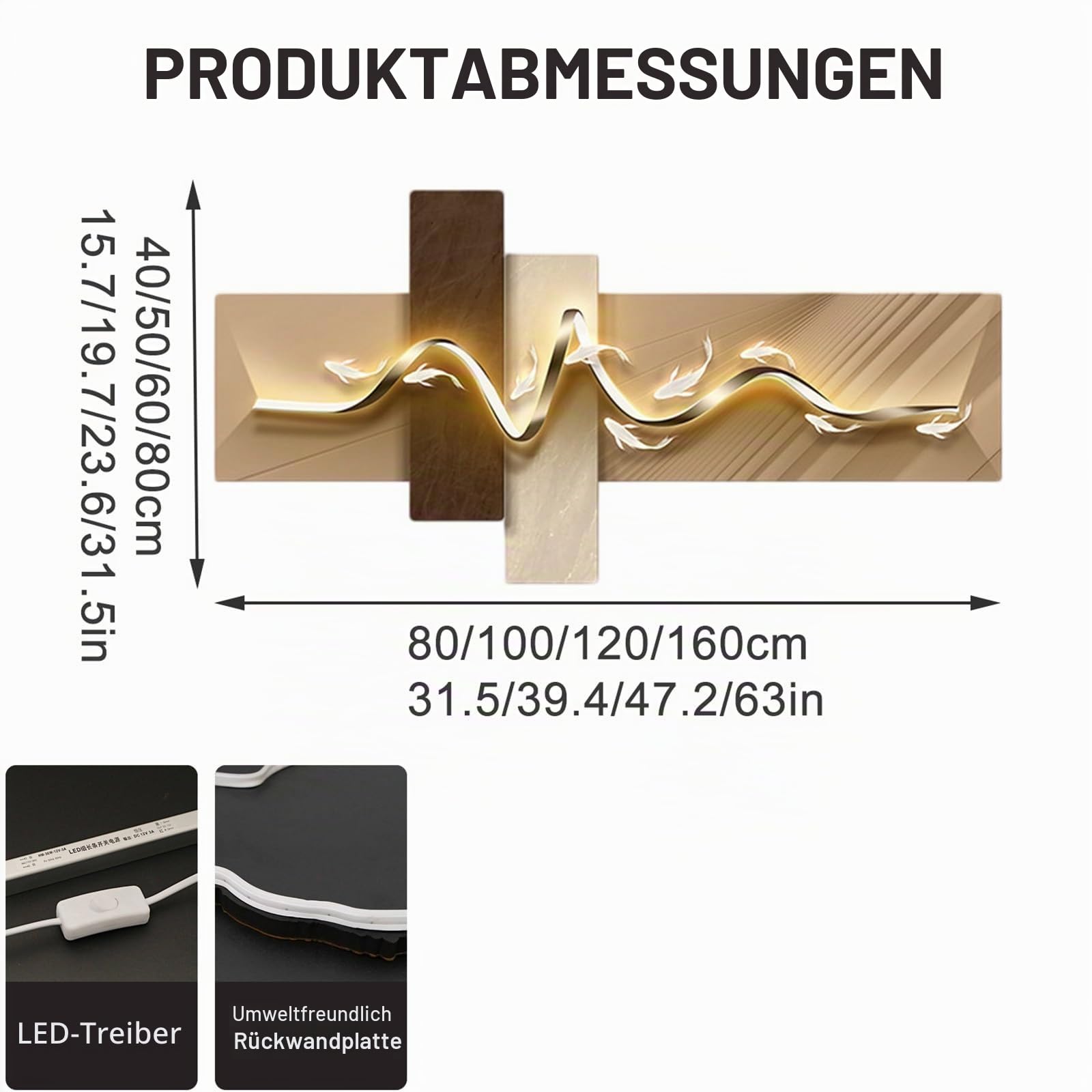 YVZYLXH Moderne LED Wanddeko Wohnzimmer - 3D Kristallporzellan Wandbild mit Beleuchtung, Luxus Wandkunst Deko for Schlafzimmer, Flur und Büro(Brown-B,100x50cm/39.4x19.7in)