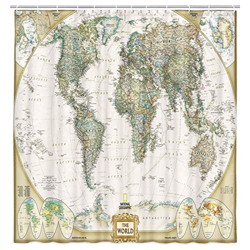 Jipusai World Map Shower Curatins, Vintage Style Green Map Shower Curtain Sets For Bathroom,Fabric Colorful Countries Globe Nautical Map Bath Curtains With Hooks 70X72 In #TOP1