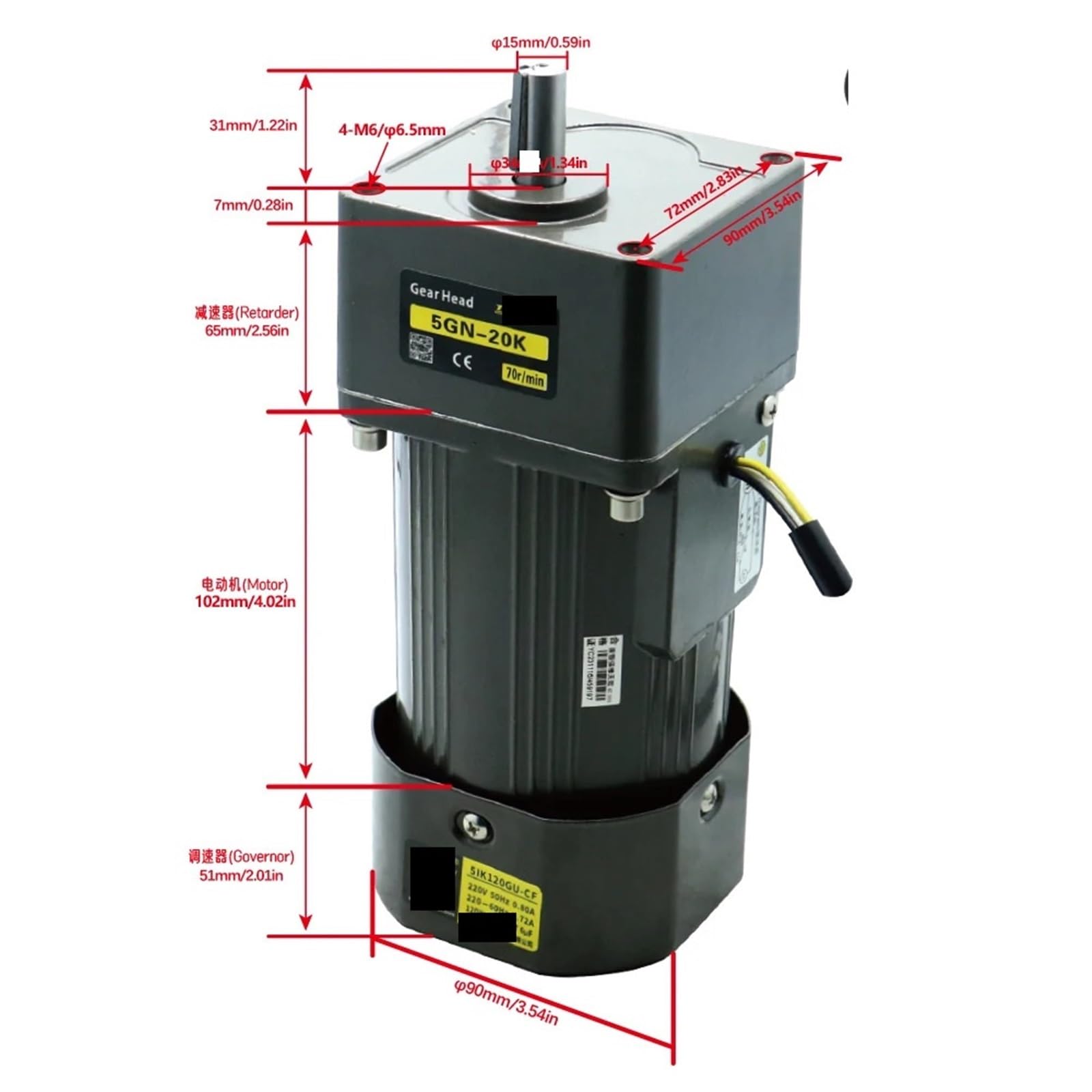 Motor 120 W Wechselstrommotor 220 V 50/60 Hz Asynchronmotor Induktionsmotor Welle 15 mm Gleichstrommotor(70RPM)