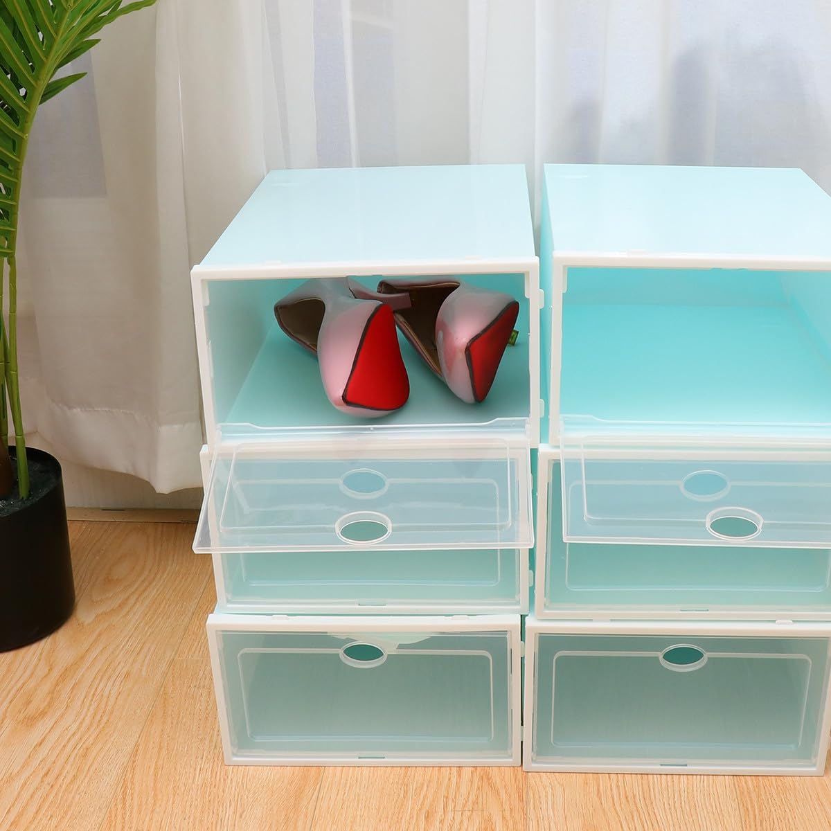 6 pezzi Scatole Trasparenti per Scarpe in Plastica Rinforzata da Contenitori Impilabili con Cornice Bianca per Donna Organizer Scarpe Resistente e Facile da Usare per Armadio e