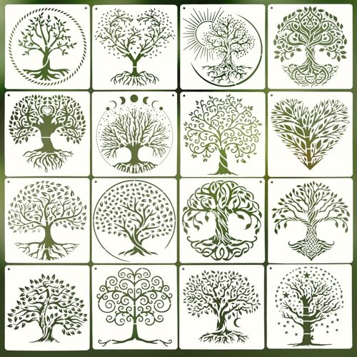 16 plantillas Árbol de la Vida, plantillas reutilizables para pintar, manualidades, decoración de paredes y scrapbooking