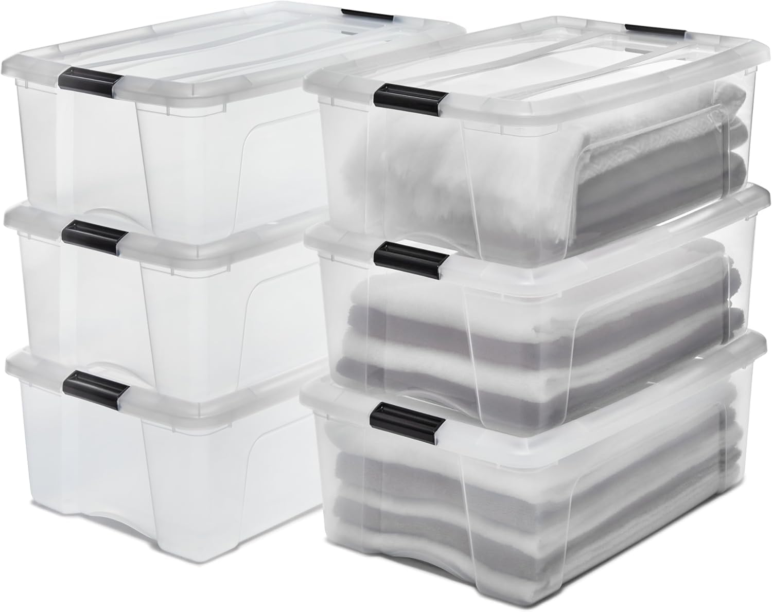 Iris Ohyama, Boite Rangement Plastique avec Couvercle, 30L, Lot de 6, Transparent, Clips de Fermeture, Poignée, Empilable, Organisation Solide & Durable, pour Chambre, Dressing, Bureau, NTB-30