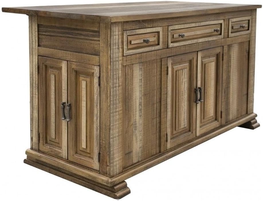 Pemberly Row Rustic Wood Kitchen Island, 3 Drawer Design, Hand-Distressed Brown Finish, Solid Wood Construction, Metal Towel Bar, Ample Storage, Stacked Legs, Versatile Kitchen Organization