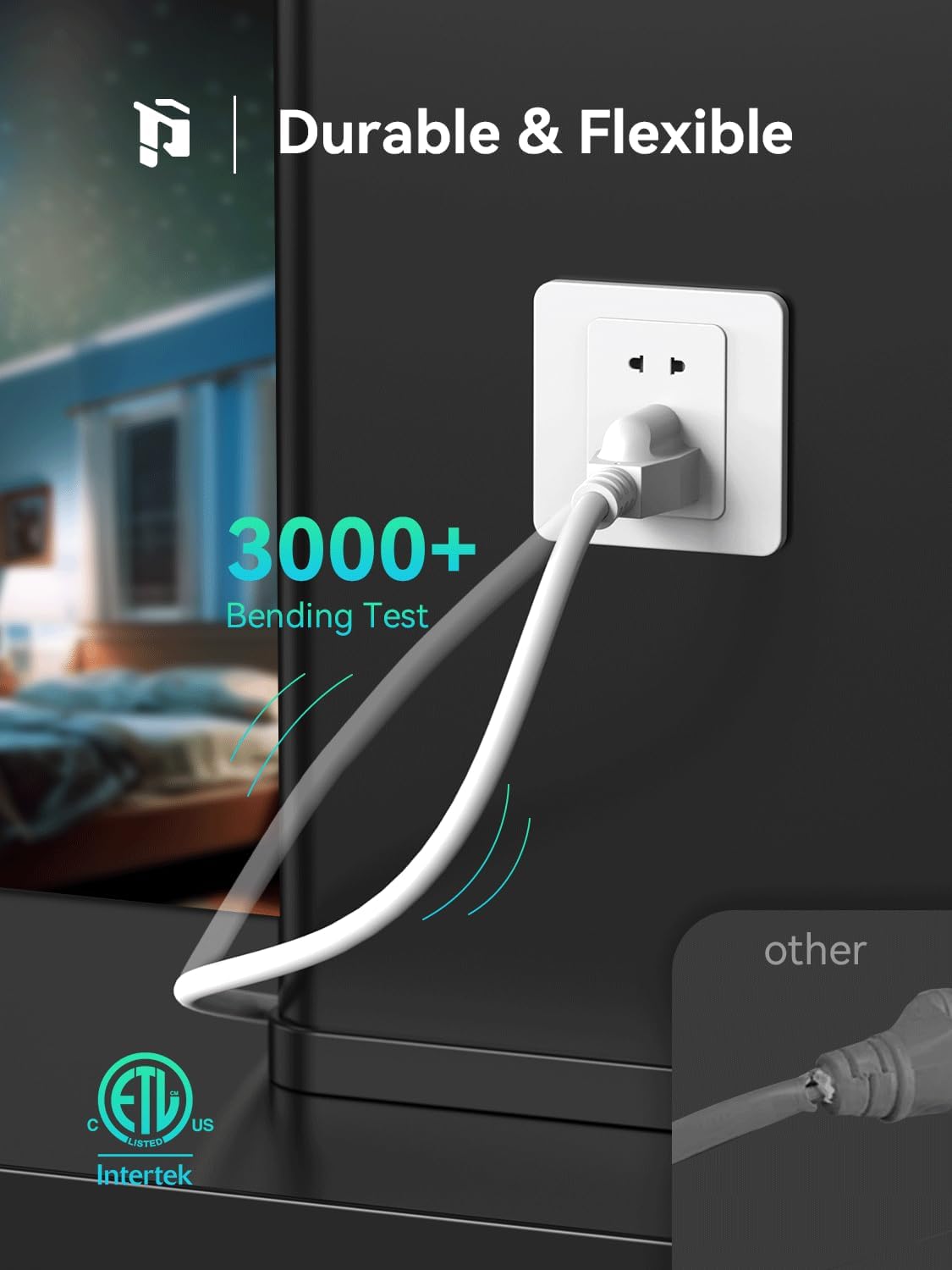 PLUGTUL 1 FT Extension Cord White, 2-Pack Short Power Cord, Indoor/Outdoor 16 Gauge 3 Prong Grounded Wire ETL Listed, 13A 1625W 125V SJTW