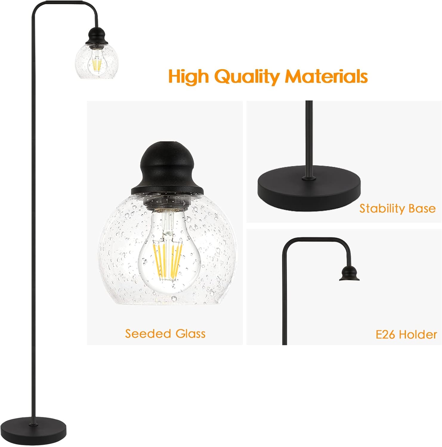Modern Floor Lamp for Living Room with 6W LED Bulb, Industrial Floor Lamp, Seeded Glass, Black Classic Reading Tall Lamp for Home Office, Standing Lamps for Bedroom, Minimalist, Vintage, Farmhouse