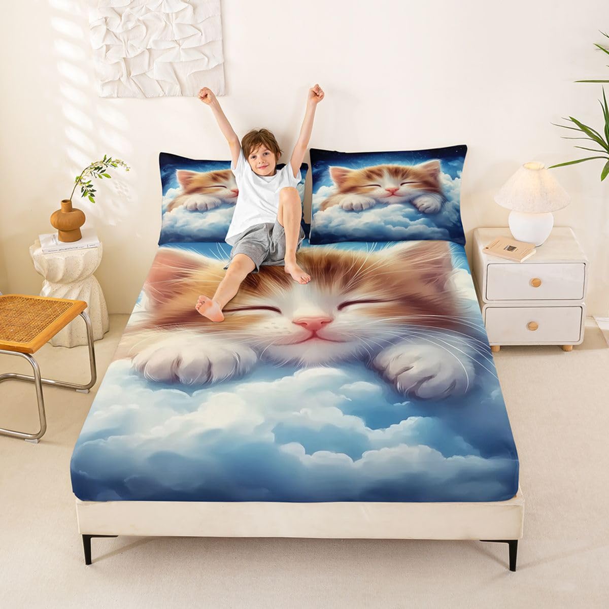 Juego de sábanas bajeras de 3 piezas tamaño King, diseño de gato naranja, acuarela, nubes, cielo, galaxia, para niños y niñas, bonita decoración de gatito durmiente, bolsillo profundo, 2 fundas de