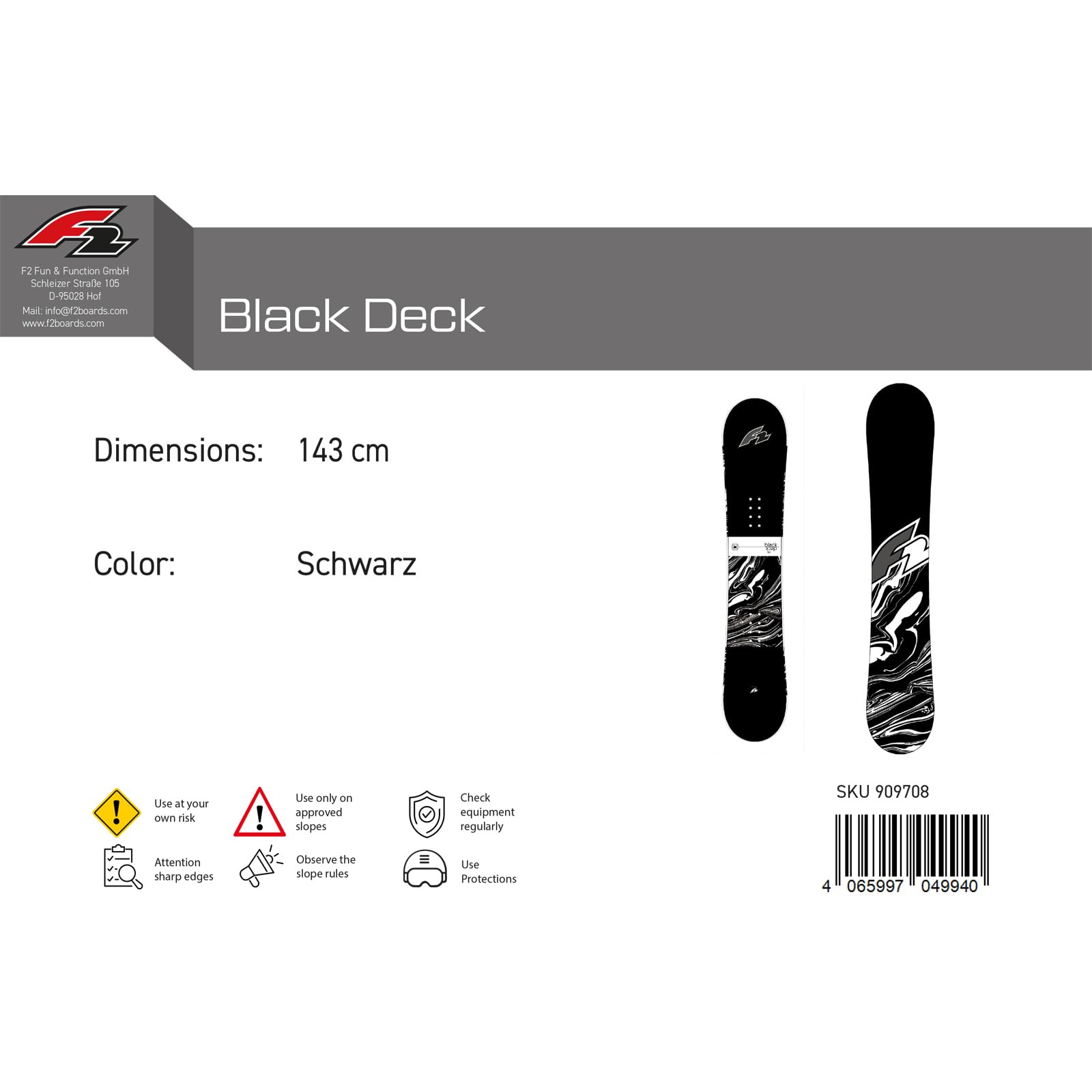 F2 Herren Snowboard Black Deck Freestyle Größe wählbar – Leichtes Freeride Snowboard für Anfänger und Fortgeschrittene, Schwarz, 2024/25