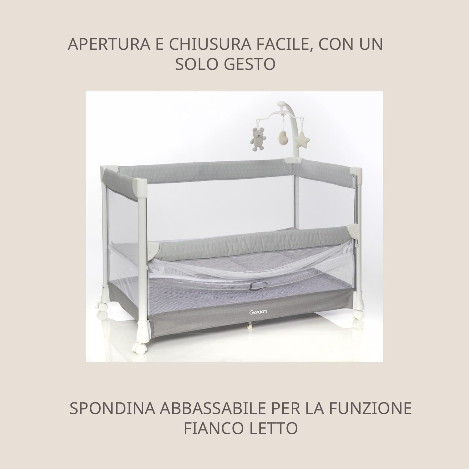 Giordani G3-Matic Lettino da Viaggio e Culla Fianco Letto 0-15kg | Chiusura Automatica Rapida, Spondina Abbassabile e Kit Doppia Altezza | 4 Ruote con Freno, Materasso e Borsa Trasporto Inclusi