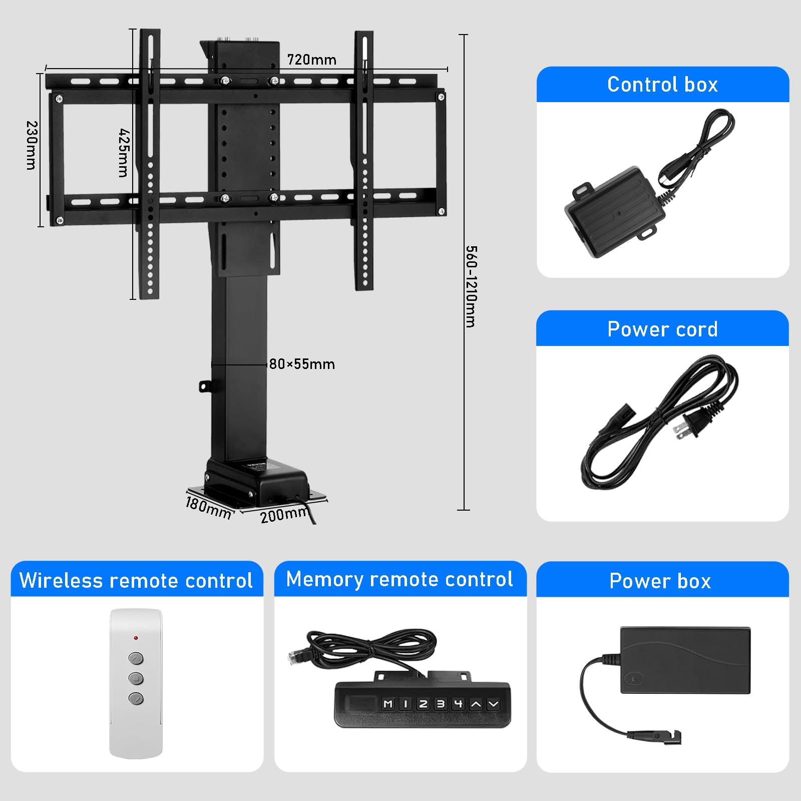 Electric tv lift for 32-50 inch Screen, motorised tv bracket Remote control with memory function, Motorized TV Lift mechanism Stroke 650mm, Capacity 40kg, max 400x400mm (32-50 inch) — view 2