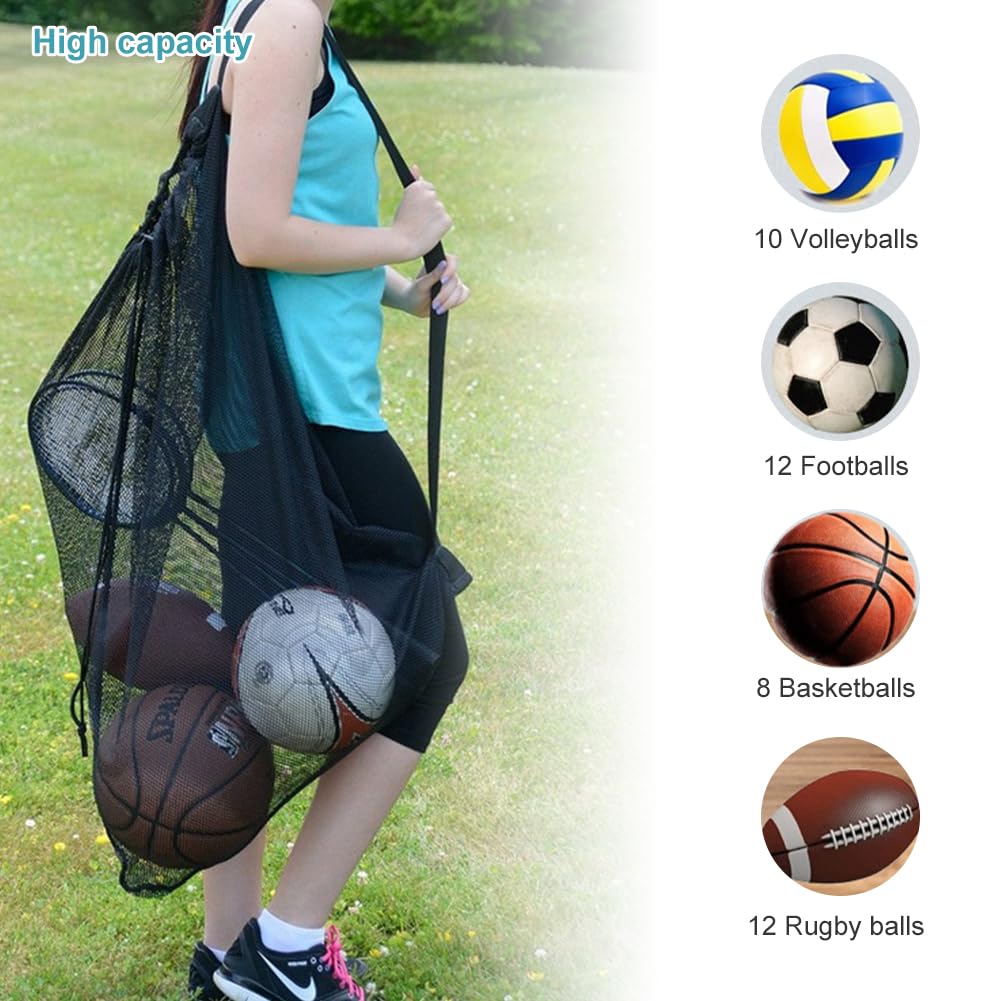 Mesh Ball Bag, Sacca in Rete per Palloni da Calcio, Borsa per Palline in Rete, Borsa Portaoggetti di Palline, per Calcio Basket Pallavolo Tennis Calcio, con Coulisse e Tracolla, 72 X 100cm, Nero