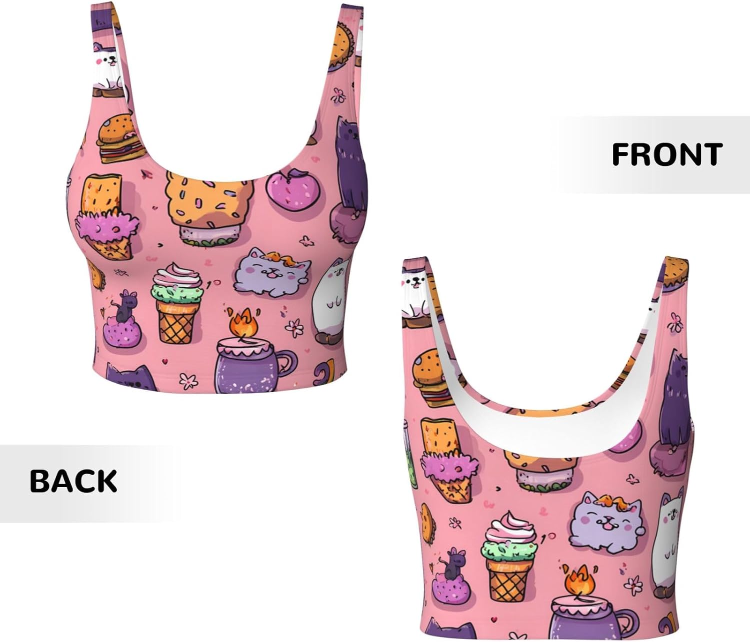 Hamburger Cat Printed Women's Sports Vest, Removable Pads, Suitable for Yoga, Pilates, and Fitness Training -
