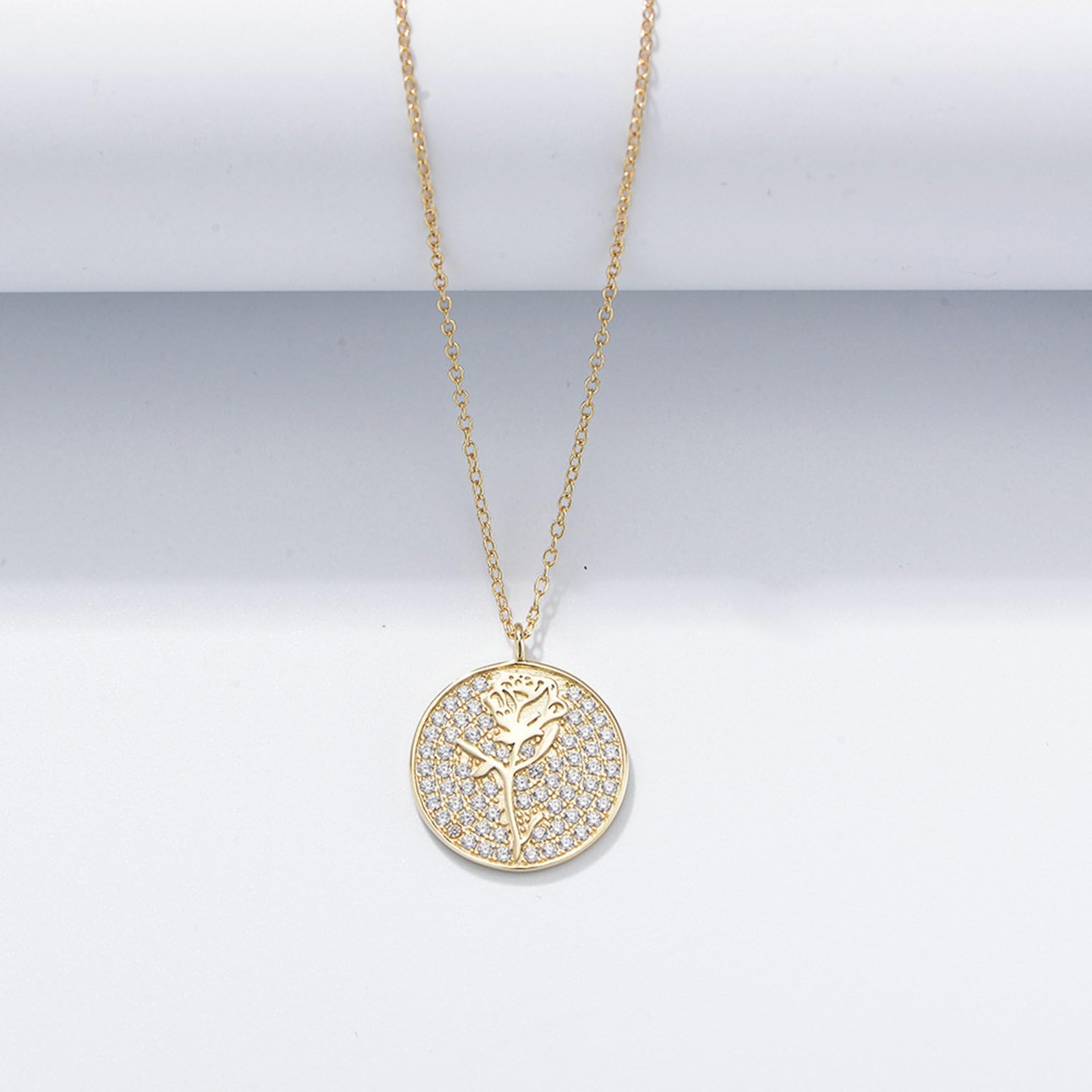 Collar de oro de 9 quilates, 14 quilates, 18 quilates, colgante de moneda con rosa y moissanita, cadena de oro de 45 cm para novia y boda