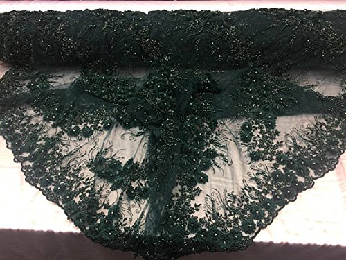 Dream design 3D flower diamonds beaded Mesh Lace Fabric Bridal Wedding hunter green. Sold By Yard