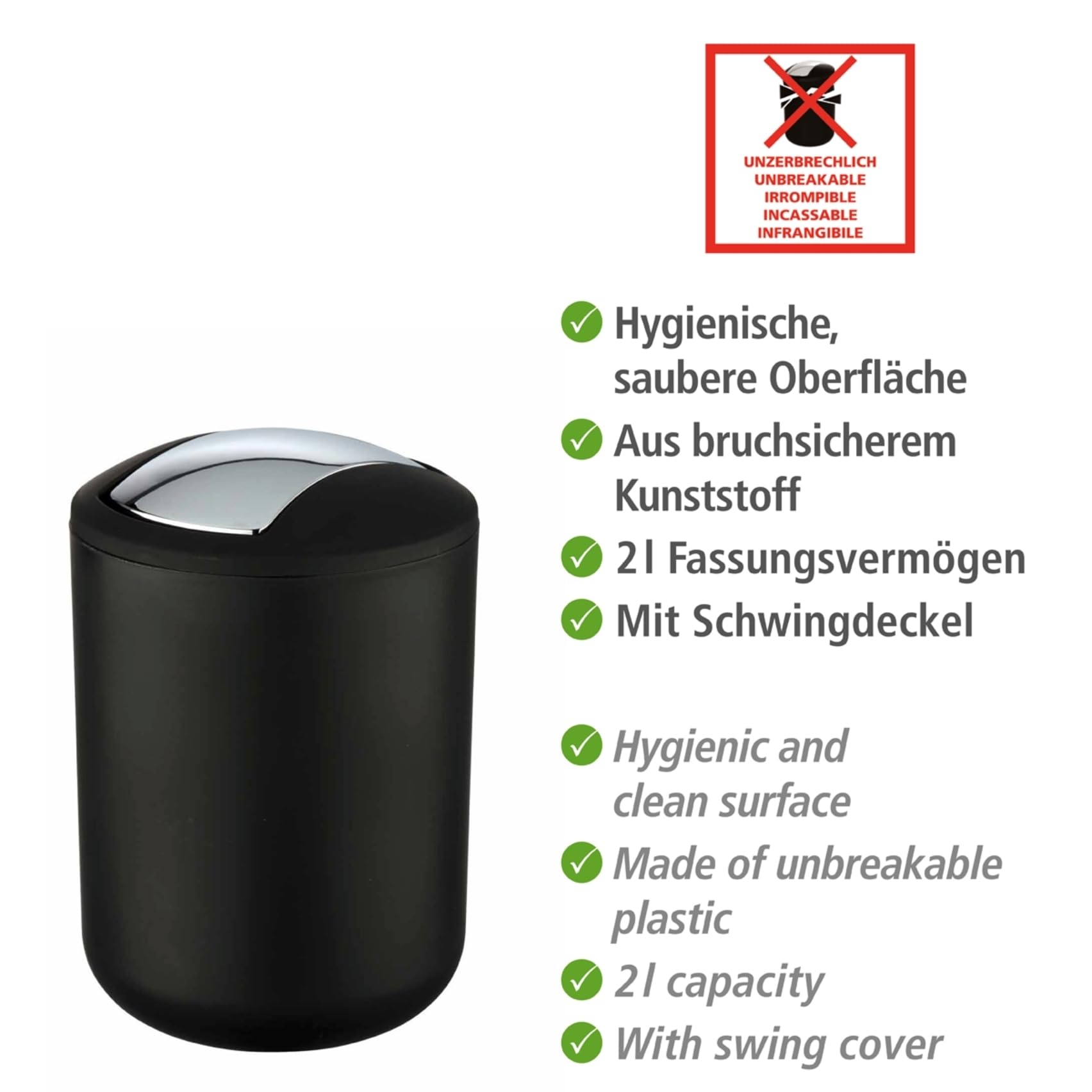 Wenko Papelera para cosméticos Brasil S, capacidad de 2 litros, papelera de baño con tapa abatible, papelera pequeña de plástico irrompible, sin BPA, Ø 14 x 21 cm, negra